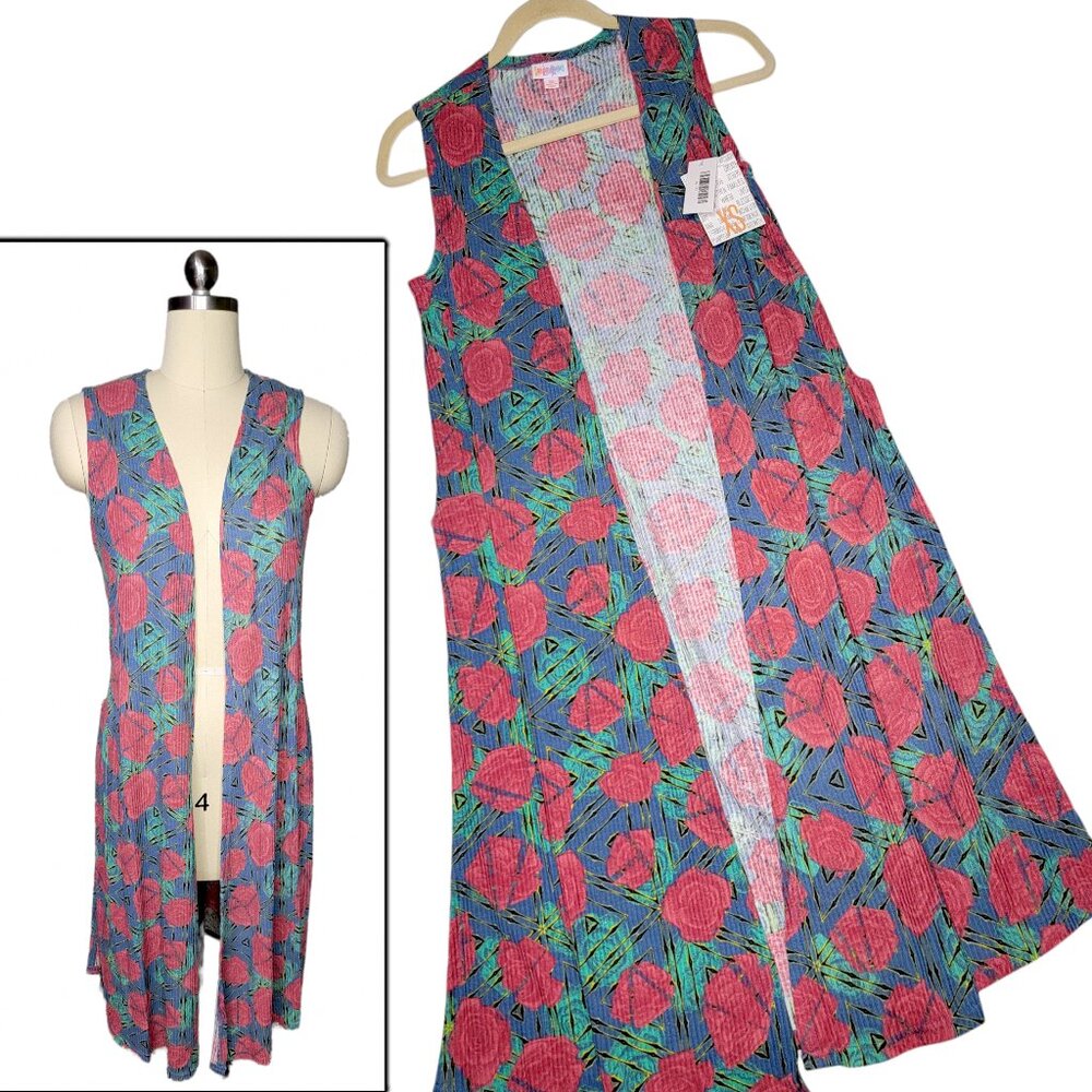 LuLaRoe Joy Vest XS Red Rose Floral Blue Pink Green Black Ribbed Longline Duster
